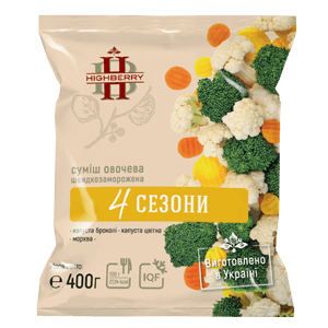 Заморожена овочева суміш «4 сезони» TM HIGHBERRY, фасування 400 г. До складу входять броколі, цвітна капуста, морква оранжева та жовта. Натуральний продукт шокової заморозки, виготовлений в Україні для домашнього приготування.
