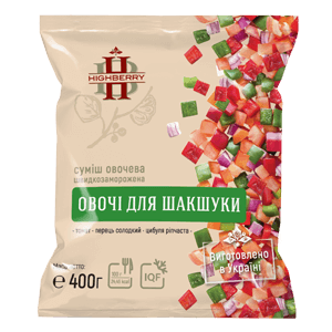 Заморожена овочева суміш «Овочі для шакшуки» TM HIGHBERRY, фасування 400 г. До складу входять томати, перець солодкий і цибуля ріпчаста. Продукт шокової заморозки від українського виробника, ідеальний для HoReCa, кулінарії та домашнього використання.