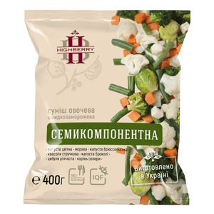 Заморожена овочева суміш «Семикомпонентна» TM HIGHBERRY, фасування 400 г. До складу входять броколі, цвітна капуста, морква, стручкова квасоля, цибуля ріпчаста різана, корінь селери та брюссельська капуста. Продукт шокової заморозки від українського виробника для HoReCa та домашнього використання.