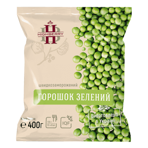 Заморожений зелений горошок TM HIGHBERRY, фасування 400 г. Калібрований продукт шокової заморозки при –18°C. Вирощений в Україні, призначений для HoReCa, супів і гарнірів.