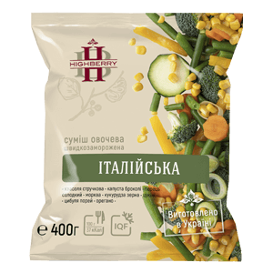 Заморожена овочева суміш “Італійська” TM HIGHBERRY, фасування 400 г. Містить стручкову квасолю, броколі, моркву, кукурудзу, кабачки. Продукт шокової заморозки домашнього приготування, виготовлено в Україні.