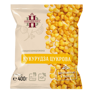 Заморожена кукурудза цукрова TM HIGHBERRY, фасування 400 г. Зерна бланшовані, виготовлені з цукрових сортів кукурудзи, заморожені при –18°C. Готові до використання у стравах HoReCa, супах, салатах і гарнірах.