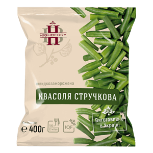 Заморожена квасоля стручкова TM HIGHBERRY, фасування 400 г. Натуральний продукт швидкої заморозки при –18°C, без добавок. Ідеальна для салатів, гарнірів, перших і других страв.
