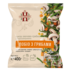 Заморожена овочево-грибна суміш «Лобіо з грибами» TM HIGHBERRY, фасування 400 г. До складу входять: гриби, стручкова квасоля, морква, цибуля, зерна кукурудзи та перець солодкий. Продукт шокової заморозки від українського виробника, підходить для HoReCa та домашнього приготування.