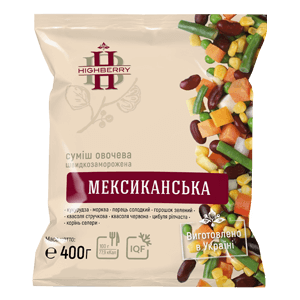 Заморожена овочева суміш «Мексиканська» TM HIGHBERRY, фасування 400 г. Складається з кукурудзи, моркви, зеленого горошку, стручкової та червоної квасолі, солодкого перцю й цибулі. Натуральний продукт шокової заморозки, виготовлений в Україні для HoReCa, кулінарії та домашнього приготування.