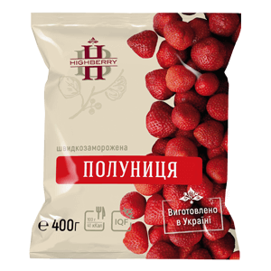 Заморожена полуниця TM HIGHBERRY, фасування 400 г. Вирощена в Україні, заморожена методом шокової заморозки при –18°C. Натуральна, без додаткових домішок, призначена для HoReCa, кондитерського та молочного виробництва.