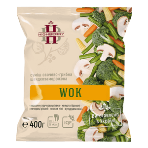 Заморожена овочево-грибна суміш «WOK» TM HIGHBERRY, фасування 400 г. Склад: броколі, печериці, морква міні, кукурудза міні, стручкова квасоля. Призначена для страв у стилі wok, HoReCa та кулінарії.