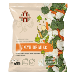 Заморожена овочева суміш «Джуніор Мікс» TM HIGHBERRY, фасування 400 г. Складається з броколі, цвітної капусти, моркви бейбі та зеленого горошку. Натуральний продукт шокової заморозки, виготовлений в Україні для HoReCa та домашнього приготування.