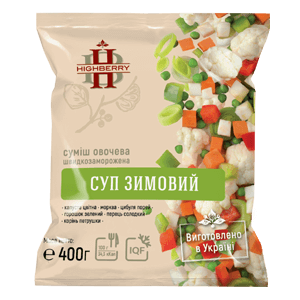 Заморожена овочева суміш «Суп зимовий» TM HIGHBERRY, фасування 400 г. Містить моркву, цибулю-порей, нарізану тонкими слайсами, зелений горошок, цвітну капусту, корінь петрушки і червоний перець солодкий. Продукт шокової заморозки, виготовлений в Україні для приготування супів, гарнірів і страв HoReCa.